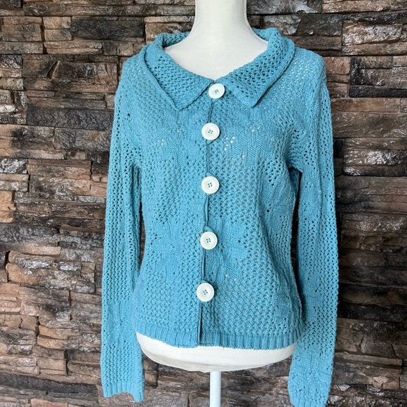 Vibrant Blue Cable Knit Cardigan with Classic Collar - Picture 1 of 9